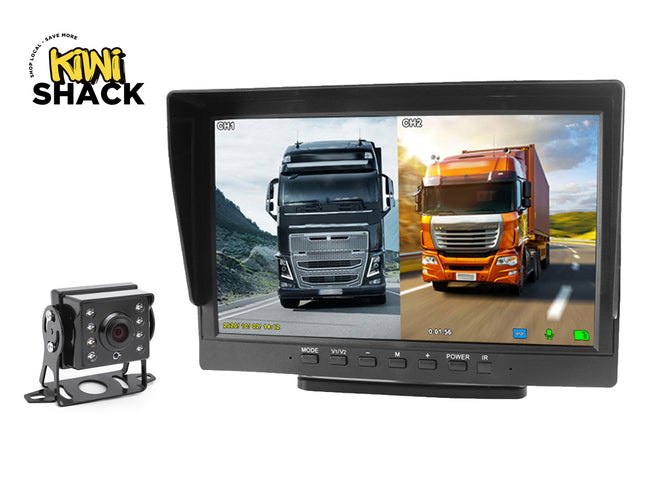 Monitor with camera and display of two trucks on a white background, featuring Kiwi Shack brand.
