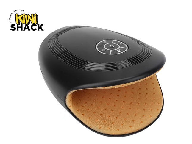 A black Kiwi Shack foot massager with a textured beige interior, shown on a white background with the brand logo in the top-left corner.