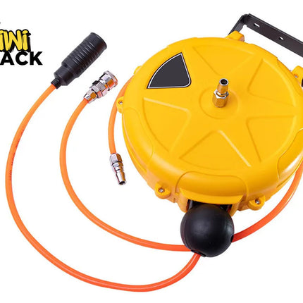 Yellow air hose reel with orange hose on a white background, featuring the Kiwi Shack brand.