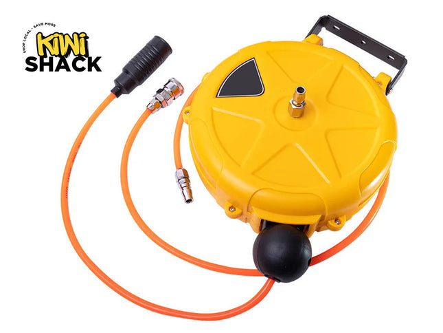 Yellow air hose reel with orange hose on a white background, featuring the Kiwi Shack brand.