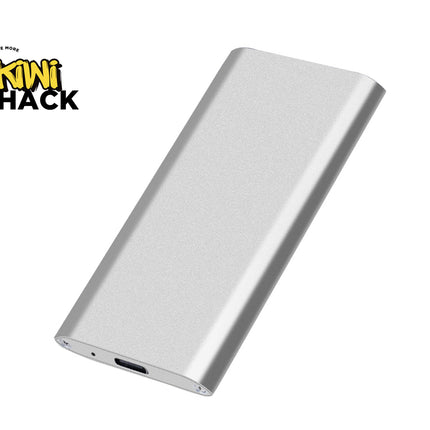 Silver power bank on a white background with 'Kiwi Shack' logo.