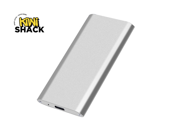 Silver power bank on a white background with 'Kiwi Shack' logo.