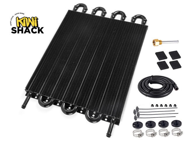 Oil cooler with accessories on a white background, featuring the Kiwi Shack brand.