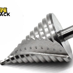 A large step drill bit with laser-etched millimeter size markings, featuring the "Kiwi Shack" logo in the top-left corner.
