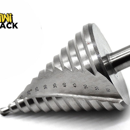 A large step drill bit with laser-etched millimeter size markings, featuring the "Kiwi Shack" logo in the top-left corner.