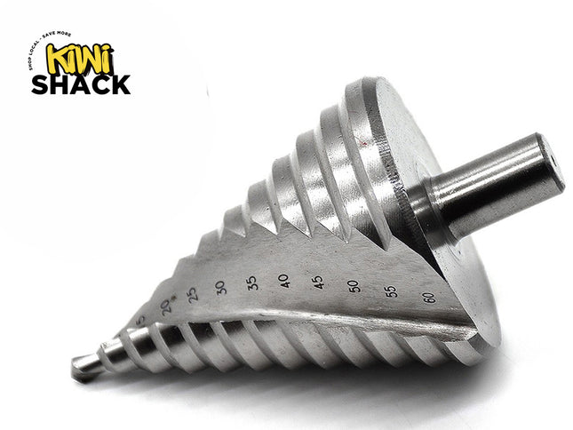 A large step drill bit with laser-etched millimeter size markings, featuring the "Kiwi Shack" logo in the top-left corner.