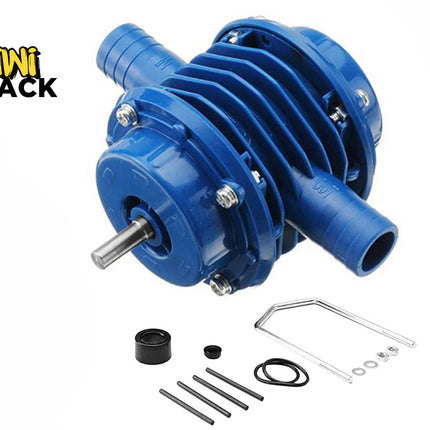 A blue electric drill-powered water pump with external hose barb connections, a metal drive shaft, and an assortment of included mounting hardware, replacement parts, and accessories against a white background, featuring the "Kiwi Shack" logo in the upper left corner.