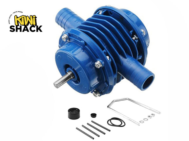 A blue electric drill-powered water pump with external hose barb connections, a metal drive shaft, and an assortment of included mounting hardware, replacement parts, and accessories against a white background, featuring the "Kiwi Shack" logo in the upper left corner.