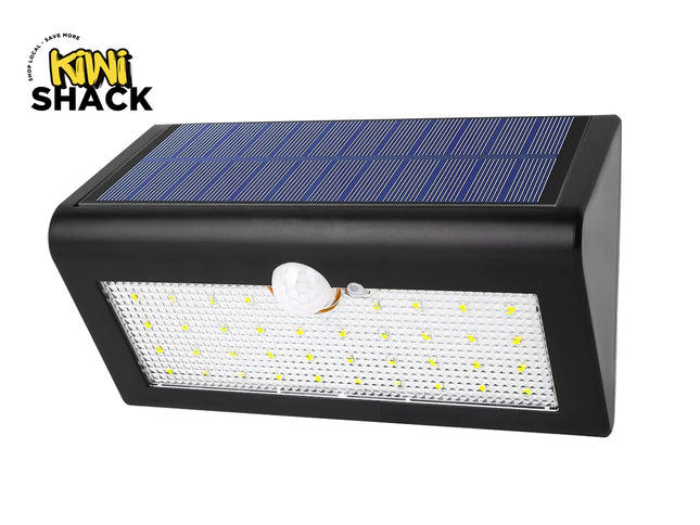 Kiwi Shack outdoor waterproof solar security wall light with motion detector and bright LED panel.