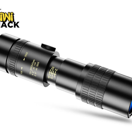 Black monocular telescope with Kiwi Shack logo on a white background