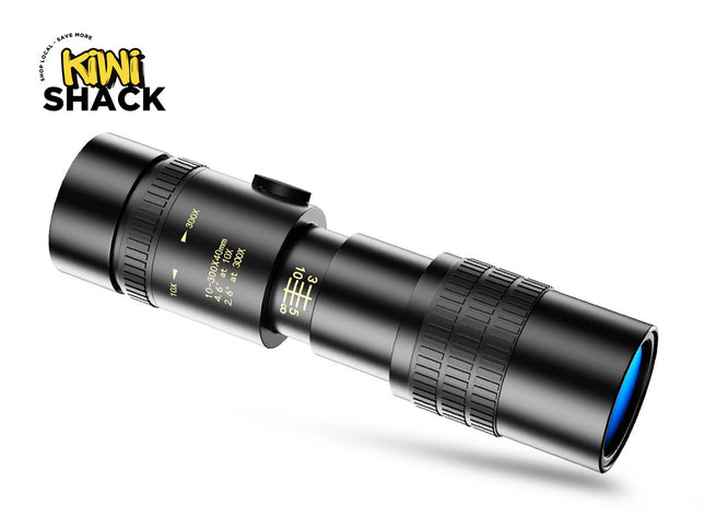 Black monocular telescope with Kiwi Shack logo on a white background