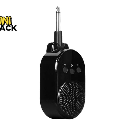 A black portable Bluetooth speaker with a 1/4-inch jack plug antenna, featuring a textured speaker grille and three control buttons on the front, shown on a white background with the Kiwi Shack logo in the top-left corner.