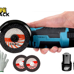 Handheld blue and black 12V cordless mini angle grinder held by a hand, accompanied by two extra cutting wheels, a pair of protective knit work gloves, and two 12V Li-ion battery packs, branded with the "Kiwi Shack" logo in the top-left corner.