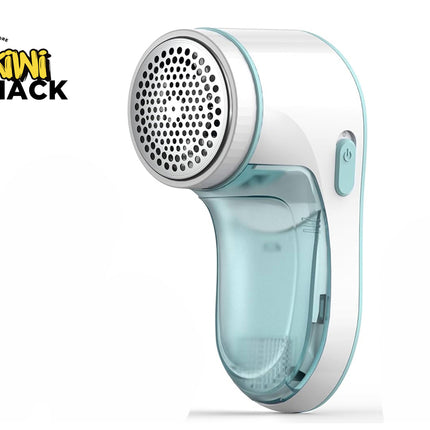 Handheld fabric shaver with clear body and white top on a white background, featuring Kiwi Shack logo.