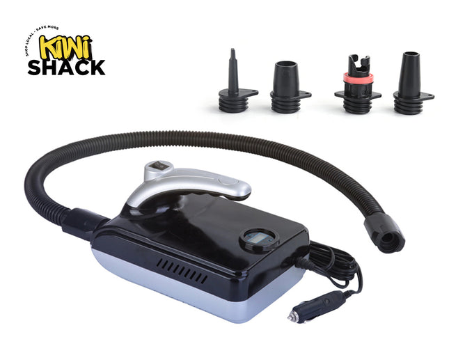 Black inflatable pump with attachments on a white background, featuring the Kiwi Shack brand.