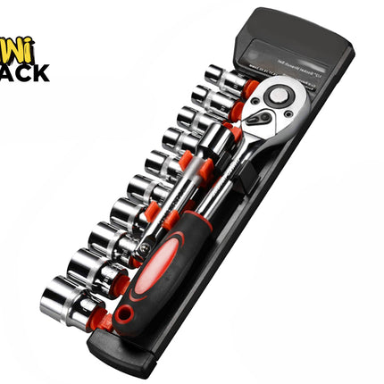 A socket wrench set secured in a black organizer rail, featuring a ratchet handle with a black and red comfort grip alongside a series of chrome sockets, with a "Kiwi Shack" logo in the top left corner.