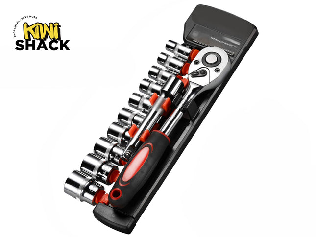 A socket wrench set secured in a black organizer rail, featuring a ratchet handle with a black and red comfort grip alongside a series of chrome sockets, with a "Kiwi Shack" logo in the top left corner.