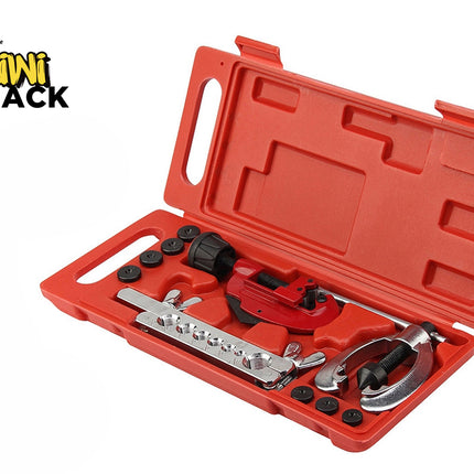 A Kiwi Shack pipe cutter and threading tool set displayed inside an open red plastic carrying case on a white background. The brand logo 'KIWI SHACK' is visible in the top-left corner.