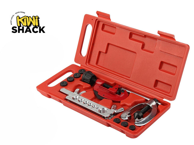 A Kiwi Shack pipe cutter and threading tool set displayed inside an open red plastic carrying case on a white background. The brand logo 'KIWI SHACK' is visible in the top-left corner.