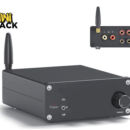 A black rectangular audio receiver or amplifier with a single antenna, shown from the front with a smaller inset view of its rear port panel. The front has a volume knob, On/Off indicators, and the Kiwi Shack logo appears in the top left corner on a white background.
