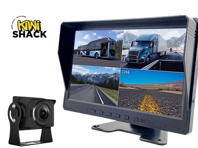 Monitor with camera and multiple screen views on a white background, featuring Kiwi Shack logo.