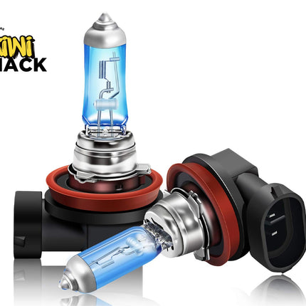 Pair of blue-tinted halogen car headlight bulbs with red rubber sealing O-rings, metal locking bases, and black plastic electrical connectors, featuring Kiwi Shack logo in top left.