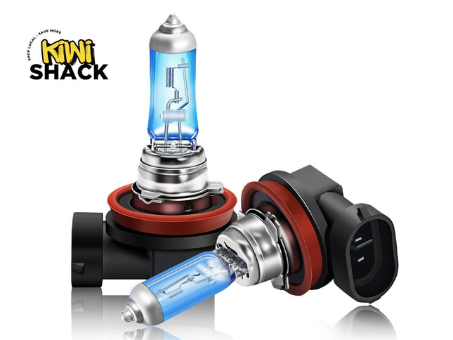 Pair of blue-tinted halogen car headlight bulbs with red rubber sealing O-rings, metal locking bases, and black plastic electrical connectors, featuring Kiwi Shack logo in top left.