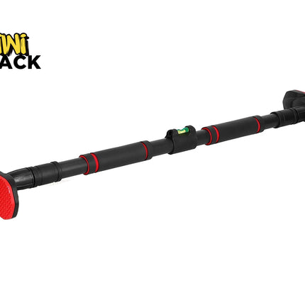 A black and red adjustable doorway pull-up bar featuring foam grips, wide non-slip textured rubber end pads, and a built-in bubble level in the center, with a "Kiwi Shack" logo in the top left corner.