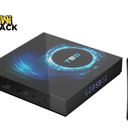 A black TiviBox smart TV box with a glossy finish and blue circular graphic on top, shown next to its matching black remote control. The Kiwi Shack brand logo is visible in the top-left corner.