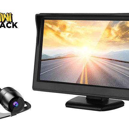 Car monitor and camera set with a scenic display on a white background, branded 'Kiwi Shack'.