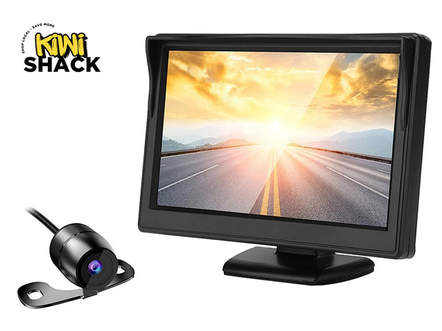 Car monitor and camera set with a scenic display on a white background, branded 'Kiwi Shack'.