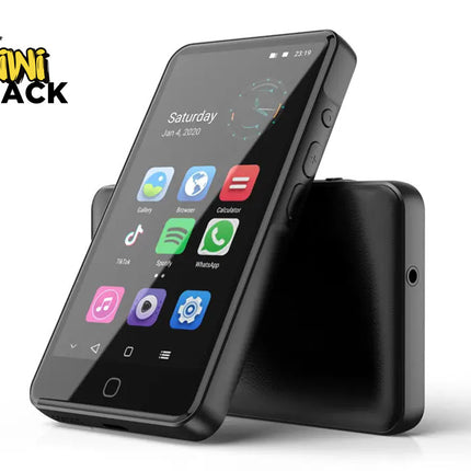 Black smartphone with app icons on a white background, featuring the Kiwi Shack logo.