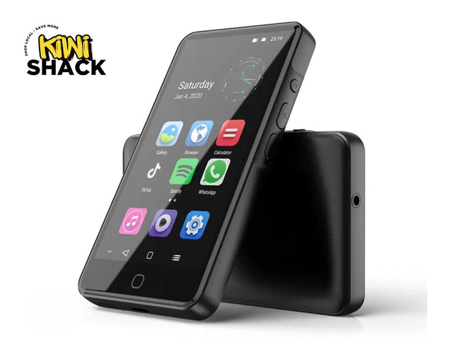 Black smartphone with app icons on a white background, featuring the Kiwi Shack logo.