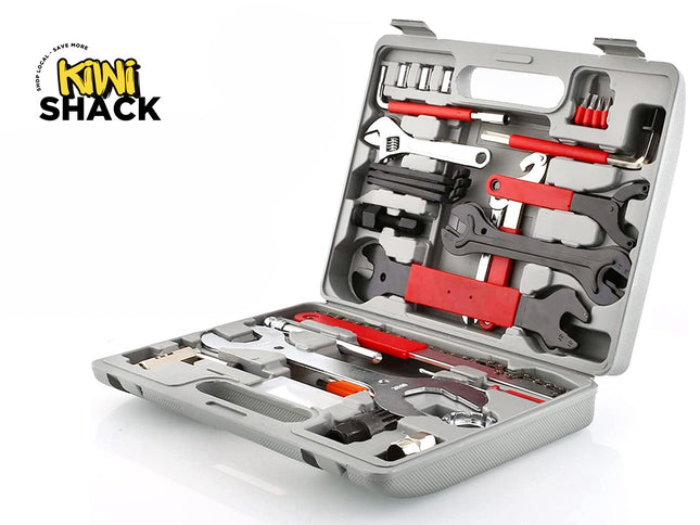 Kiwi Shack comprehensive mechanic tool set in a molded grey storage case with assorted wrenches and sockets.