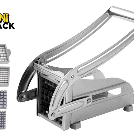 A stainless steel manual potato masher with four interchangeable cutting blades shown on the left, on a white background with the Kiwi Shack logo in the top-left corner.