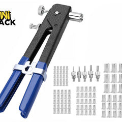 A rivet nut tool with black and blue handles, accompanied by multiple interchangeable mandrels and an assortment of silver threaded rivet nuts arranged neatly on the right, featuring a "Kiwi Shack" logo in the top left corner.