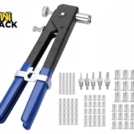 A rivet nut tool with black and blue handles, accompanied by multiple interchangeable mandrels and an assortment of silver threaded rivet nuts arranged neatly on the right, featuring a "Kiwi Shack" logo in the top left corner.