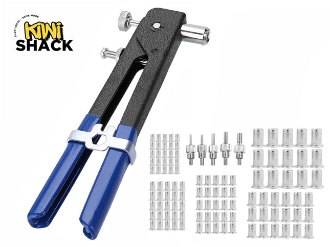 A rivet nut tool with black and blue handles, accompanied by multiple interchangeable mandrels and an assortment of silver threaded rivet nuts arranged neatly on the right, featuring a "Kiwi Shack" logo in the top left corner.