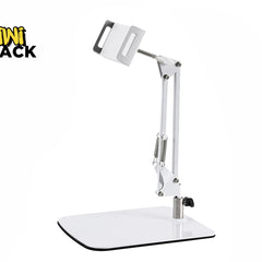 A white articulated desktop arm stand for a phone or tablet, featuring a heavy flat base, an adjustable spring-assisted mechanical arm, and a secure mounting clamp at the top, set against a plain white background with the "Kiwi Shack" logo in the top left corner.