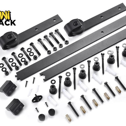 A black sliding barn door hardware kit including tracks, rollers, and mounting fasteners, featuring the "Kiwi Shack" logo in the top-left corner.