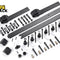 A black sliding barn door hardware kit including tracks, rollers, and mounting fasteners, featuring the "Kiwi Shack" logo in the top-left corner.