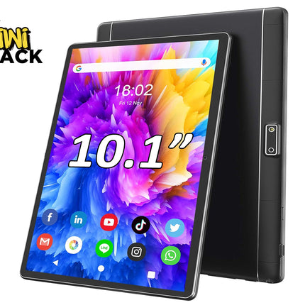 Kiwi Shack 10.1-inch Android tablet with HD display, multi-app home screen, and sleek dark metal housing.