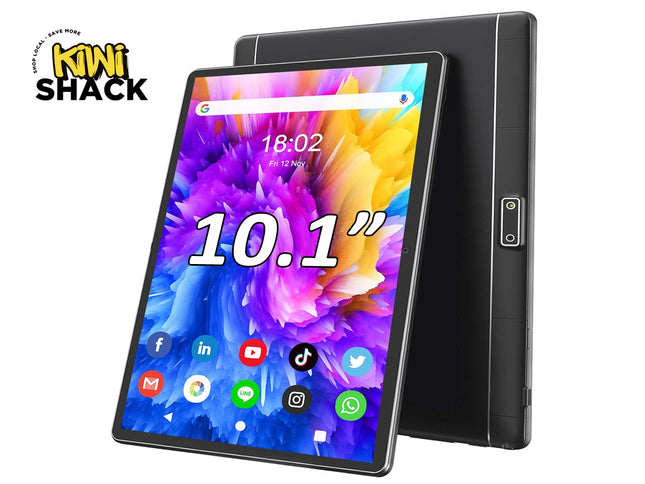 Kiwi Shack 10.1-inch Android tablet with HD display, multi-app home screen, and sleek dark metal housing.