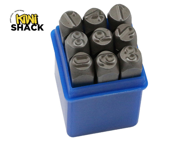 A set of metal number punch stamps stored in a blue plastic case against a white background, featuring the "Kiwi Shack" logo in the upper left corner.