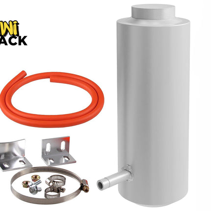 Kiwi Shack silver aluminum automotive engine oil catch tank kit with orange silicone hose, mounting brackets, and hardware.