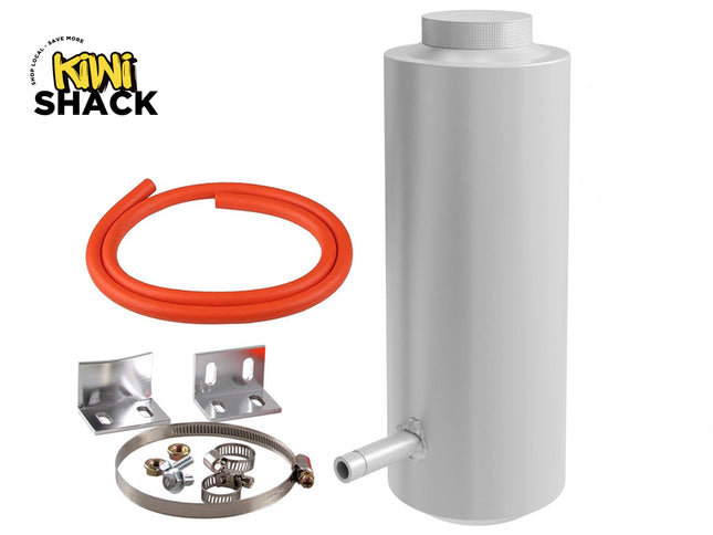 Kiwi Shack silver aluminum automotive engine oil catch tank kit with orange silicone hose, mounting brackets, and hardware.