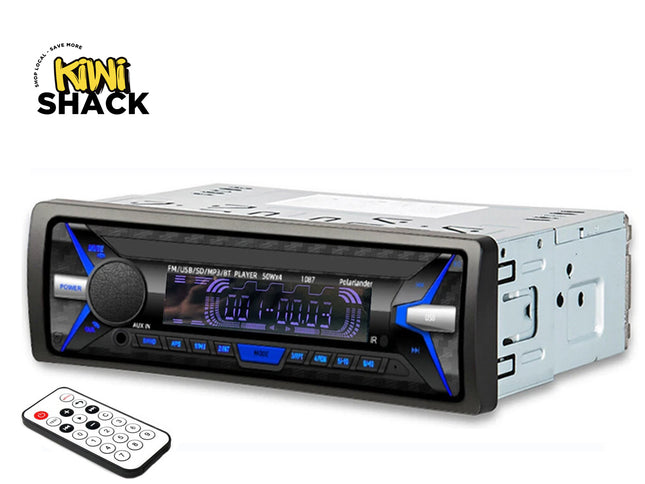Car stereo system with remote control on a white background, featuring the Kiwi Shack brand.