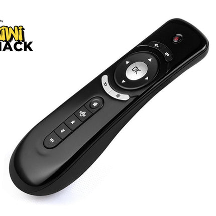Black remote control with circular design on a white background, featuring the 'Kiwi Shack' logo.