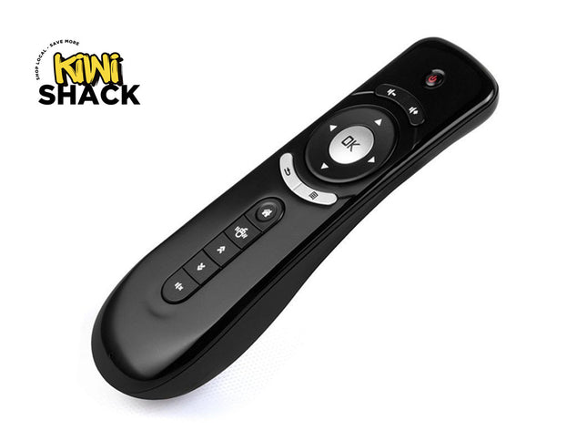 Black remote control with circular design on a white background, featuring the 'Kiwi Shack' logo.