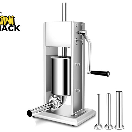 Stainless steel sausage maker with attachments on a white background, branded 'Kiwi Shack'.